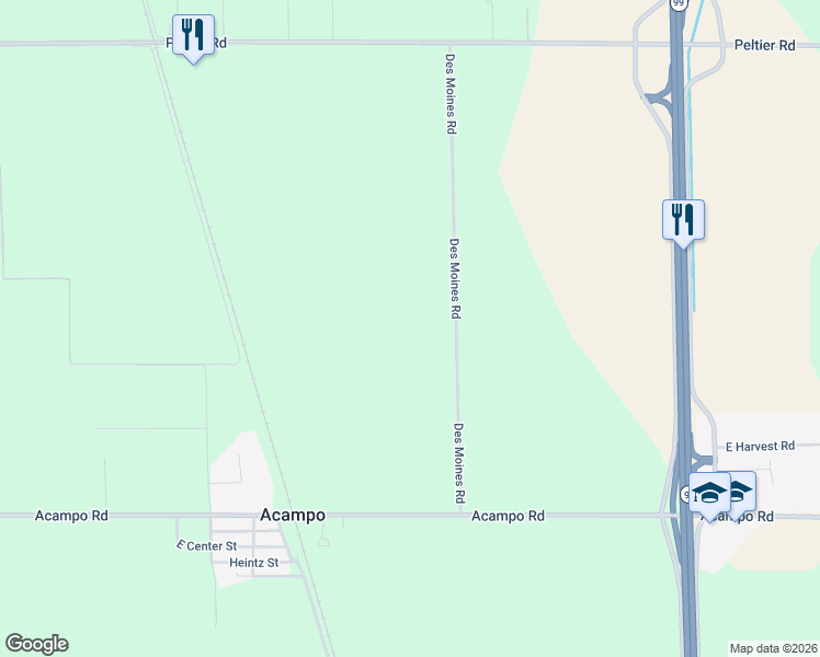 map of restaurants, bars, coffee shops, grocery stores, and more near 21649 Des Moines Road in Acampo