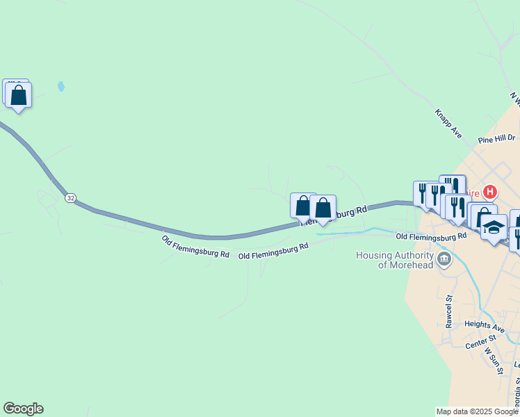 map of restaurants, bars, coffee shops, grocery stores, and more near 129 Bartlett Drive in Morehead