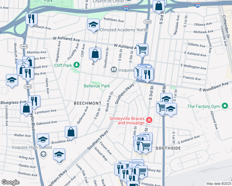 map of restaurants, bars, coffee shops, grocery stores, and more near 4724 Brook Park Drive in Louisville