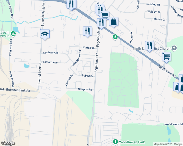 map of restaurants, bars, coffee shops, grocery stores, and more near 4849 Sebree Lane in Louisville