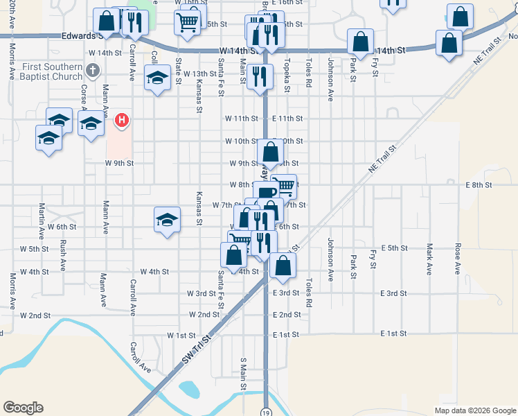 map of restaurants, bars, coffee shops, grocery stores, and more near in Larned