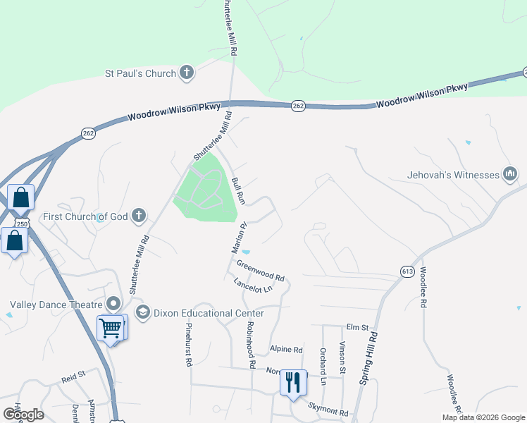 map of restaurants, bars, coffee shops, grocery stores, and more near 705 Bull Run in Staunton