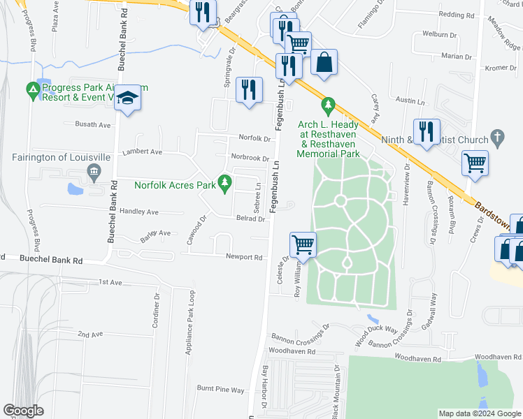 map of restaurants, bars, coffee shops, grocery stores, and more near 4847 Sebree Lane in Louisville