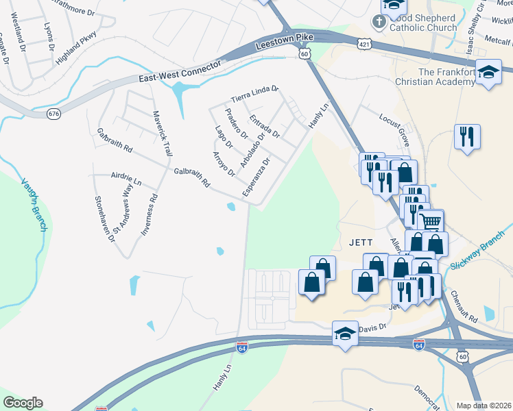 map of restaurants, bars, coffee shops, grocery stores, and more near Hanly Lane in Frankfort