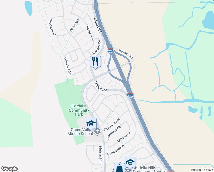 map of restaurants, bars, coffee shops, grocery stores, and more near 1320 Falsetto Drive in Fairfield