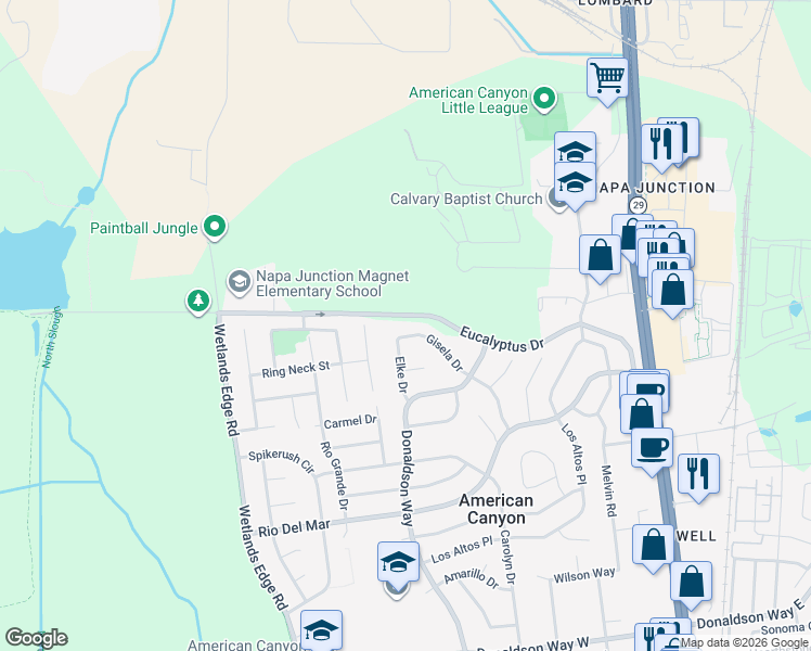 map of restaurants, bars, coffee shops, grocery stores, and more near 148 Elke Drive in American Canyon
