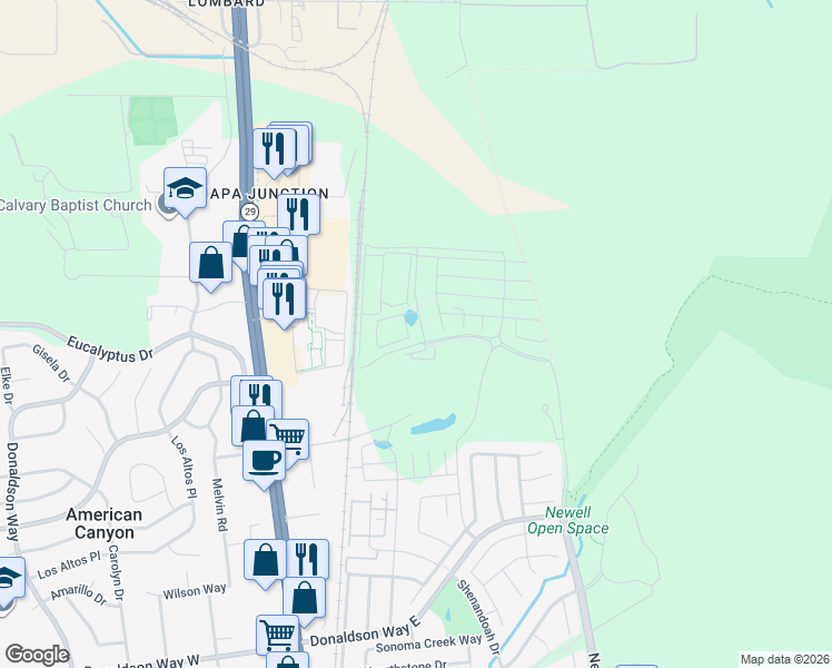 map of restaurants, bars, coffee shops, grocery stores, and more near 100 Fran Lemos Lane in American Canyon