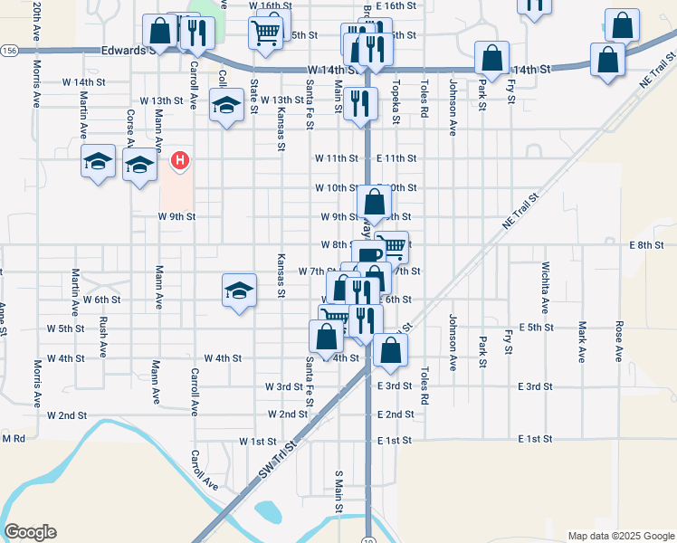 map of restaurants, bars, coffee shops, grocery stores, and more near 200 West 7th Street in Larned