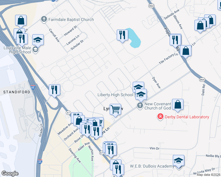 map of restaurants, bars, coffee shops, grocery stores, and more near in Louisville