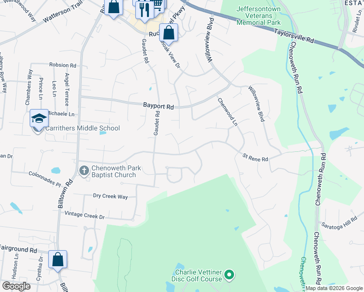 map of restaurants, bars, coffee shops, grocery stores, and more near 10506 Chenny Court in Jeffersontown