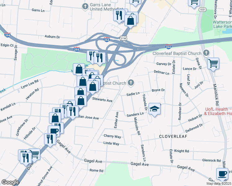 map of restaurants, bars, coffee shops, grocery stores, and more near 1710 Sadie Lane in Louisville