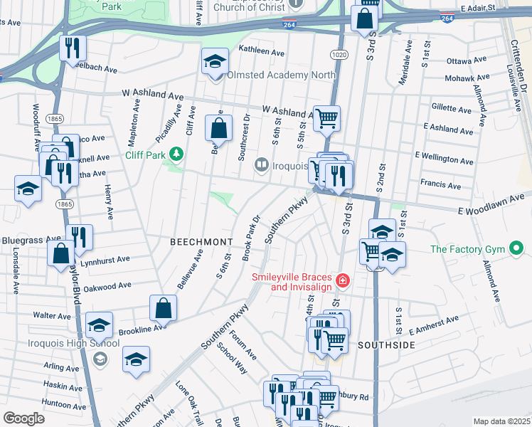 map of restaurants, bars, coffee shops, grocery stores, and more near 4724 Brook Park Drive in Louisville