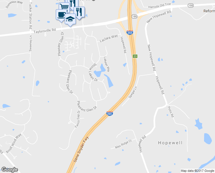 map of restaurants, bars, coffee shops, grocery stores, and more near 4425 Stone Lakes Drive in Louisville