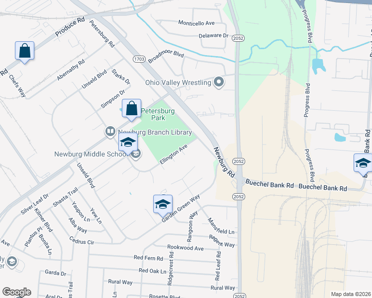 map of restaurants, bars, coffee shops, grocery stores, and more near 4921 Bunche Court in Louisville