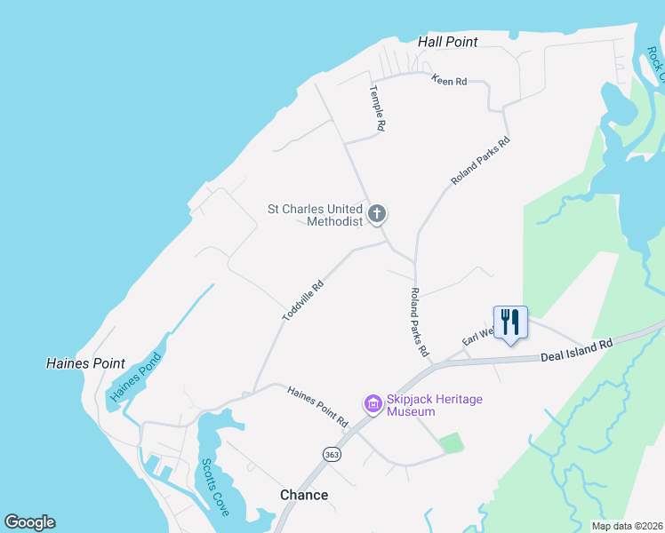 map of restaurants, bars, coffee shops, grocery stores, and more near 10826 Toddville Road in Deal Island Historic District