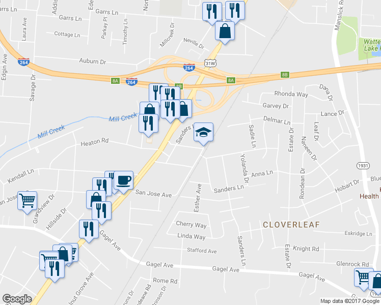 map of restaurants, bars, coffee shops, grocery stores, and more near 1710 Sadie Lane in Louisville