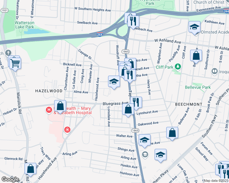 map of restaurants, bars, coffee shops, grocery stores, and more near 1325 Bluegrass Avenue in Louisville
