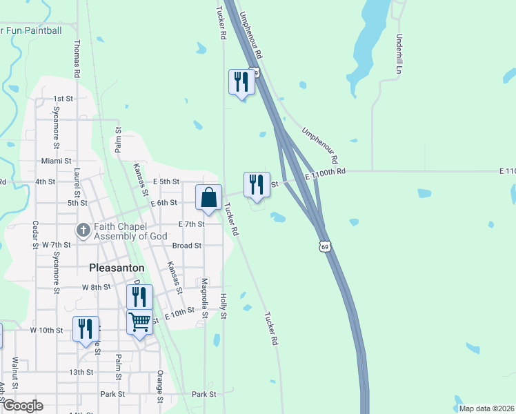 map of restaurants, bars, coffee shops, grocery stores, and more near 21659 East 1100th Road in Pleasanton