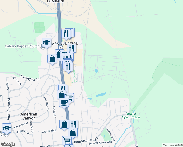 map of restaurants, bars, coffee shops, grocery stores, and more near 5500 Eucalyptus Drive in American Canyon