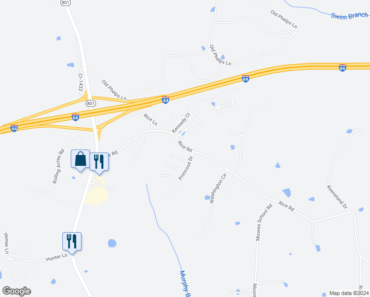 map of restaurants, bars, coffee shops, grocery stores, and more near 500 Rice Road in Morehead