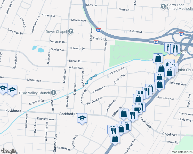 map of restaurants, bars, coffee shops, grocery stores, and more near 2017 Lynn Lea Road in Louisville