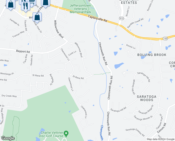 map of restaurants, bars, coffee shops, grocery stores, and more near 4325 Willowview Boulevard in Louisville