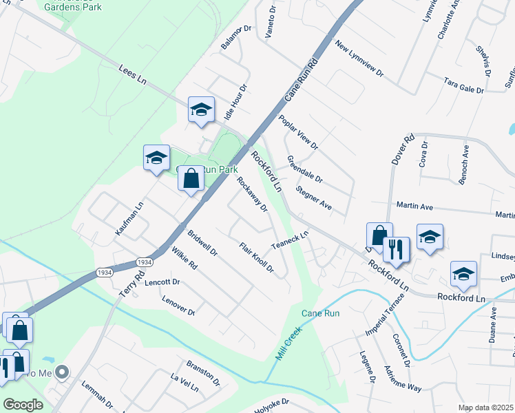 map of restaurants, bars, coffee shops, grocery stores, and more near 3101 Rockaway Drive in Louisville