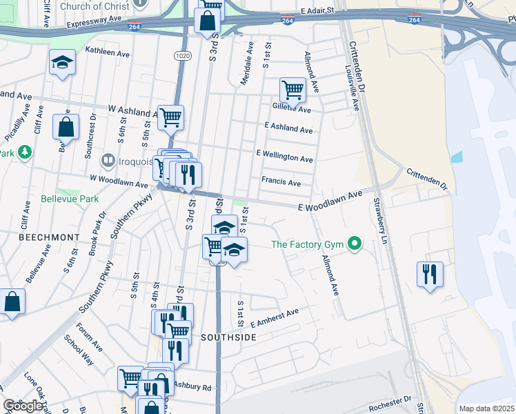 map of restaurants, bars, coffee shops, grocery stores, and more near 4701 South 1st Street in Louisville