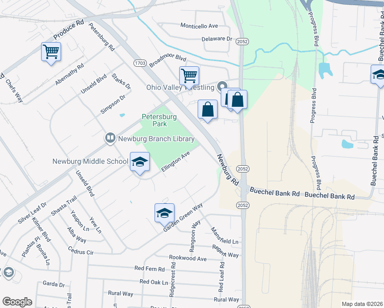 map of restaurants, bars, coffee shops, grocery stores, and more near 4921 Bunche Court in Louisville
