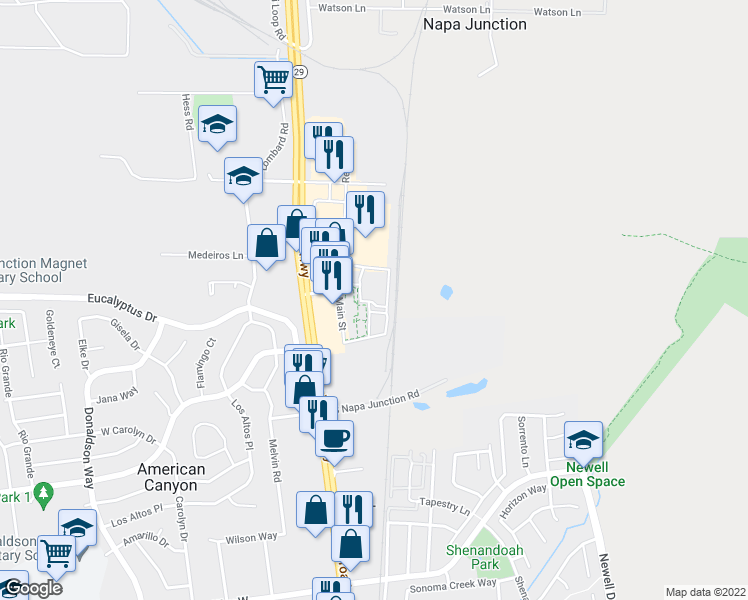 map of restaurants, bars, coffee shops, grocery stores, and more near 5500 Eucalyptus Drive in American Canyon