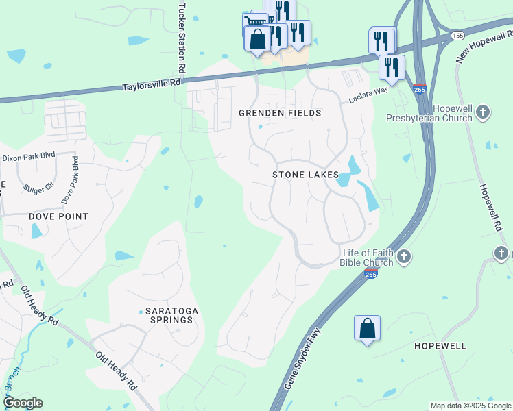 map of restaurants, bars, coffee shops, grocery stores, and more near 13605 Quiet Glen Court in Louisville
