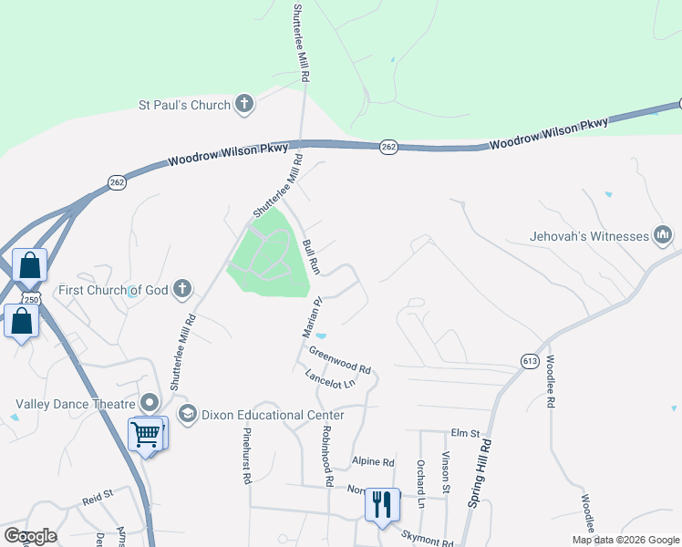 map of restaurants, bars, coffee shops, grocery stores, and more near 705 Bull Run in Staunton