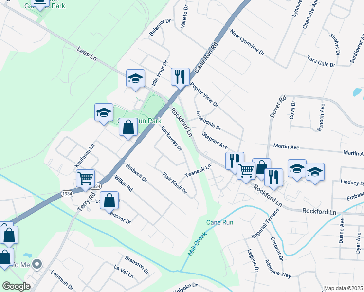 map of restaurants, bars, coffee shops, grocery stores, and more near 3101 Rockaway Drive in Louisville