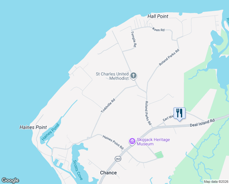 map of restaurants, bars, coffee shops, grocery stores, and more near 10816 Toddville Road in Deal Island Historic District
