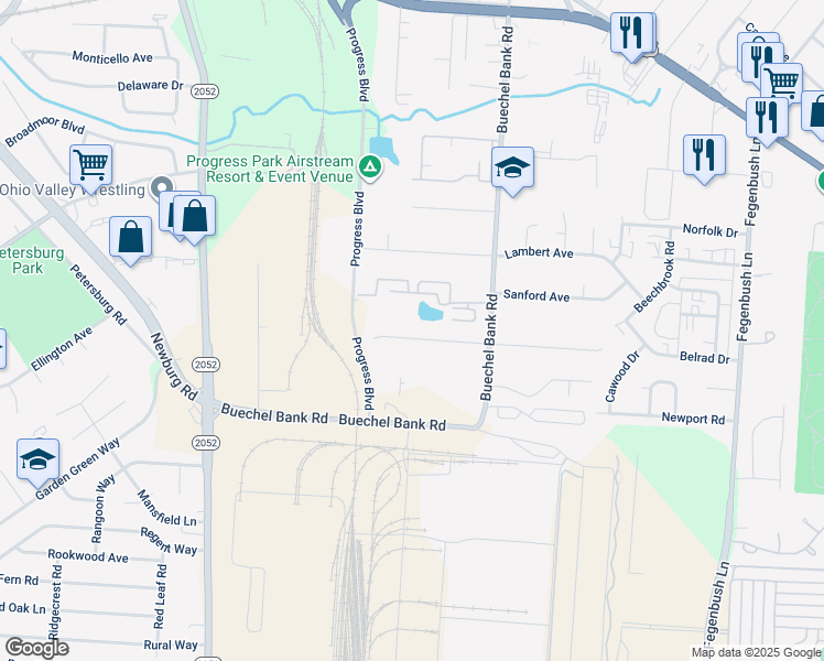 map of restaurants, bars, coffee shops, grocery stores, and more near 3905 Handley Avenue in Louisville