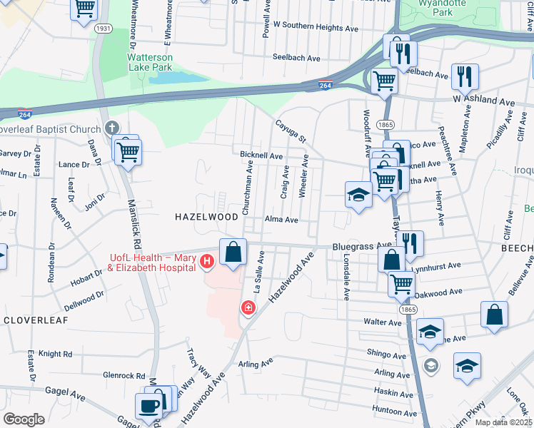 map of restaurants, bars, coffee shops, grocery stores, and more near 4151 La Salle Avenue in Louisville