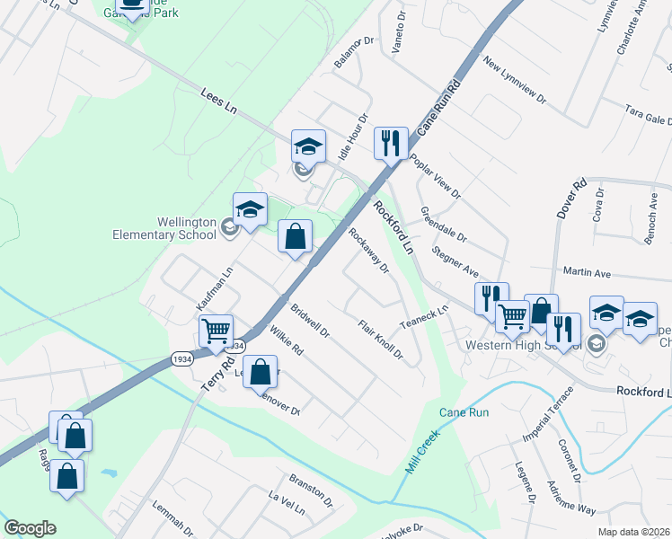 map of restaurants, bars, coffee shops, grocery stores, and more near 4812 Rockaway Circle in Louisville