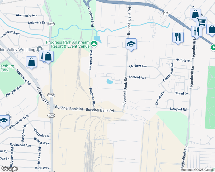 map of restaurants, bars, coffee shops, grocery stores, and more near 3905 Handley Avenue in Louisville
