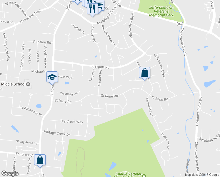 map of restaurants, bars, coffee shops, grocery stores, and more near 4310 Chenny Lane in Jeffersontown
