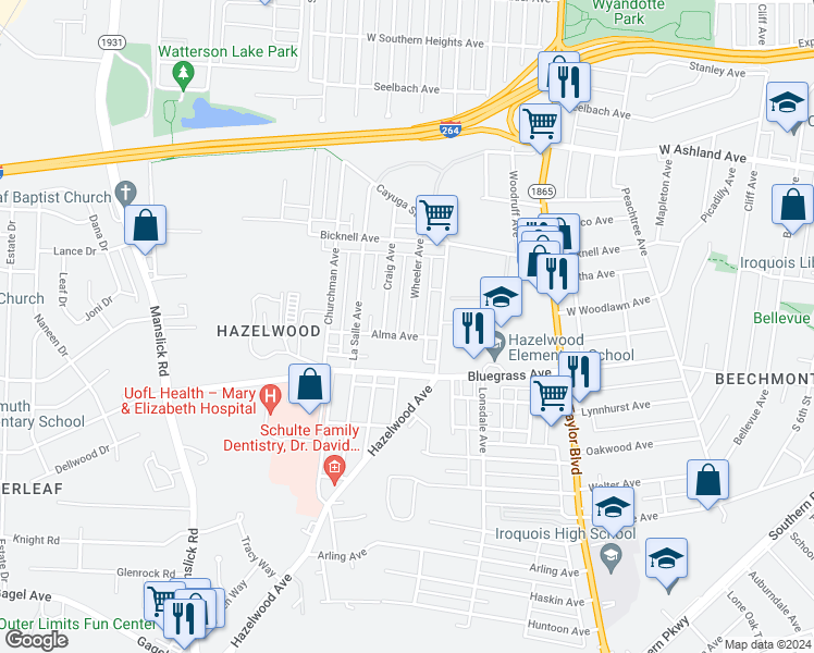 map of restaurants, bars, coffee shops, grocery stores, and more near 4156 Wheeler Avenue in Louisville