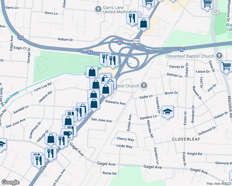 map of restaurants, bars, coffee shops, grocery stores, and more near 1722 Sanders Lane in Shively