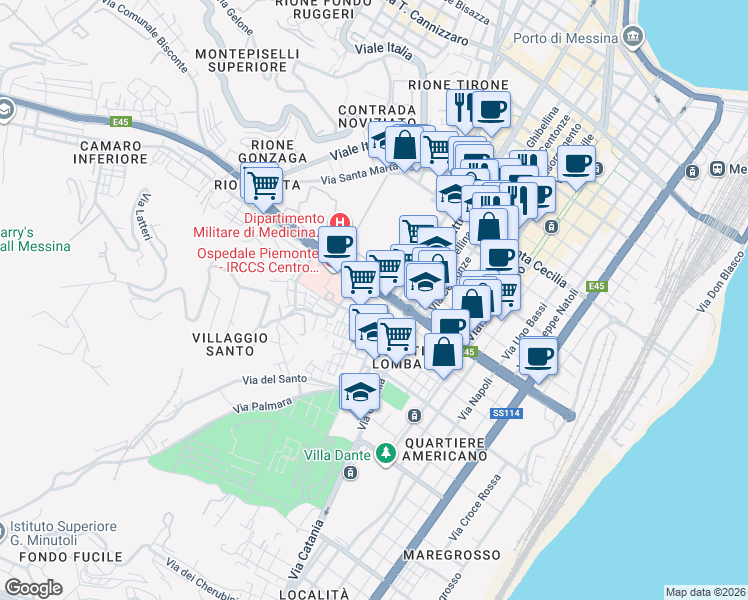 map of restaurants, bars, coffee shops, grocery stores, and more near Via Sicilia in Messina