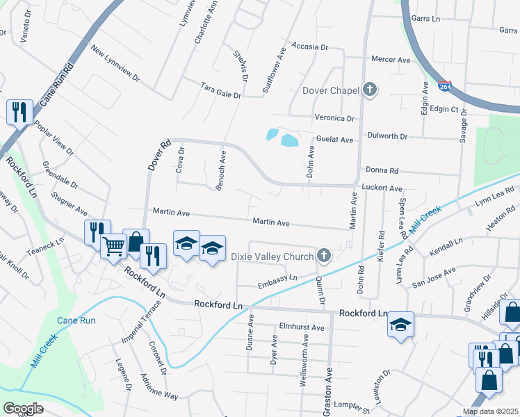 map of restaurants, bars, coffee shops, grocery stores, and more near 4521 Milbarb Lane in Louisville