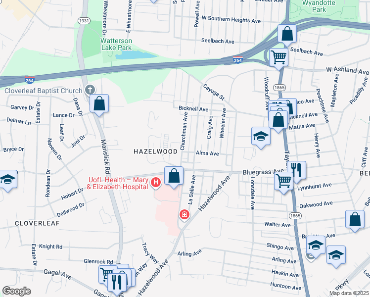 map of restaurants, bars, coffee shops, grocery stores, and more near 4161 Churchman Avenue in Louisville