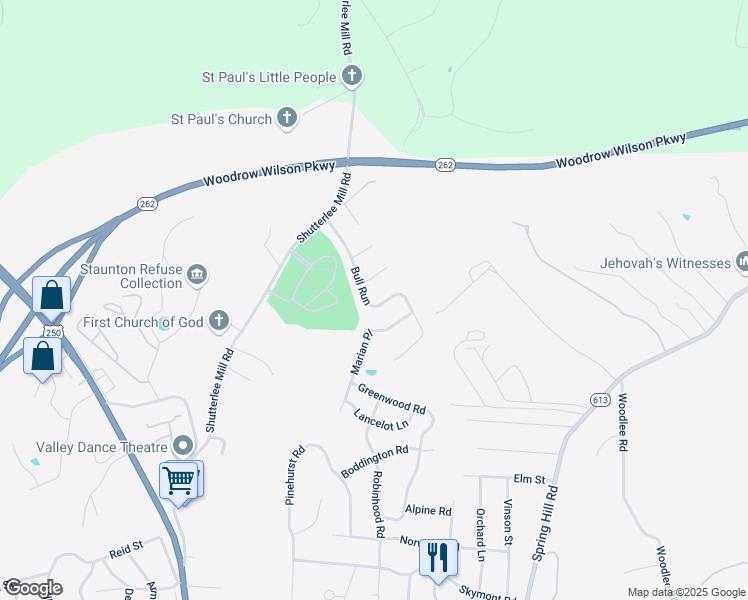 map of restaurants, bars, coffee shops, grocery stores, and more near 719 Bull Run in Staunton