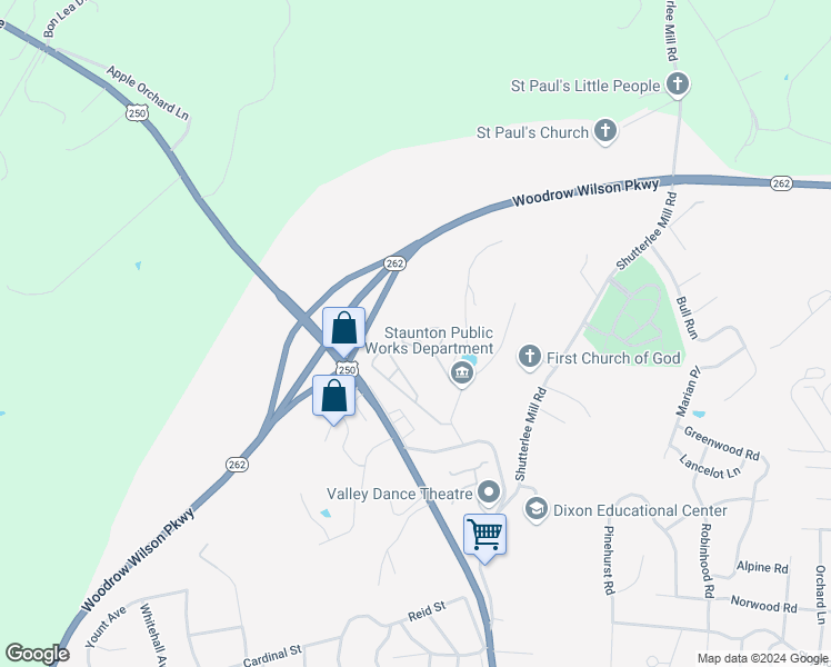 map of restaurants, bars, coffee shops, grocery stores, and more near 1900 Hillsmere Lane in Staunton