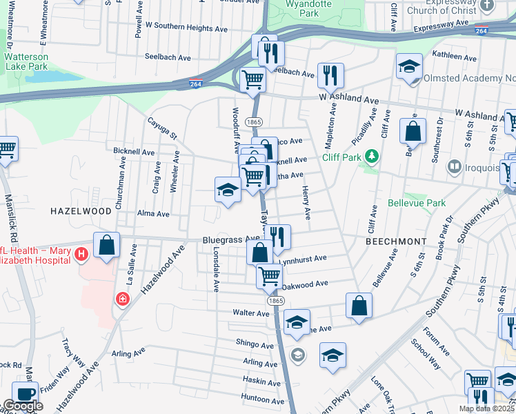 map of restaurants, bars, coffee shops, grocery stores, and more near 4152 Taylor Boulevard in Louisville