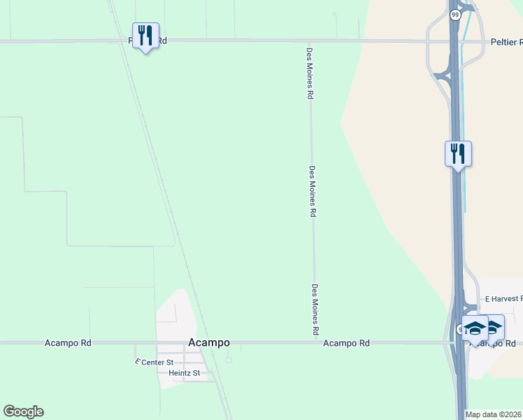 map of restaurants, bars, coffee shops, grocery stores, and more near 21649 Des Moines Road in Acampo