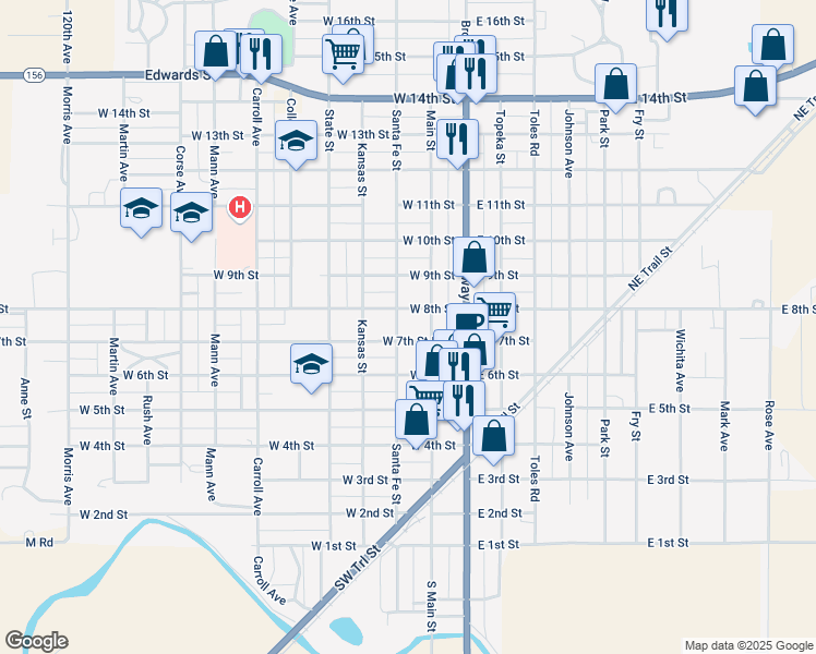map of restaurants, bars, coffee shops, grocery stores, and more near 200-298 West 7th Street in Larned
