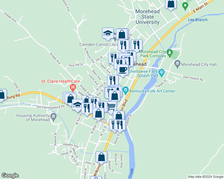 map of restaurants, bars, coffee shops, grocery stores, and more near 125 W Main St in Morehead